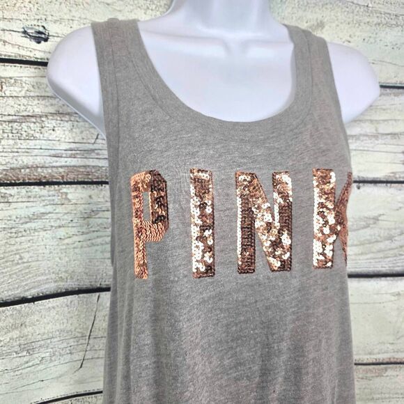 VS PINK Rose Gold Sequin Logo Tank Gray Size L - Picture 2 of 10